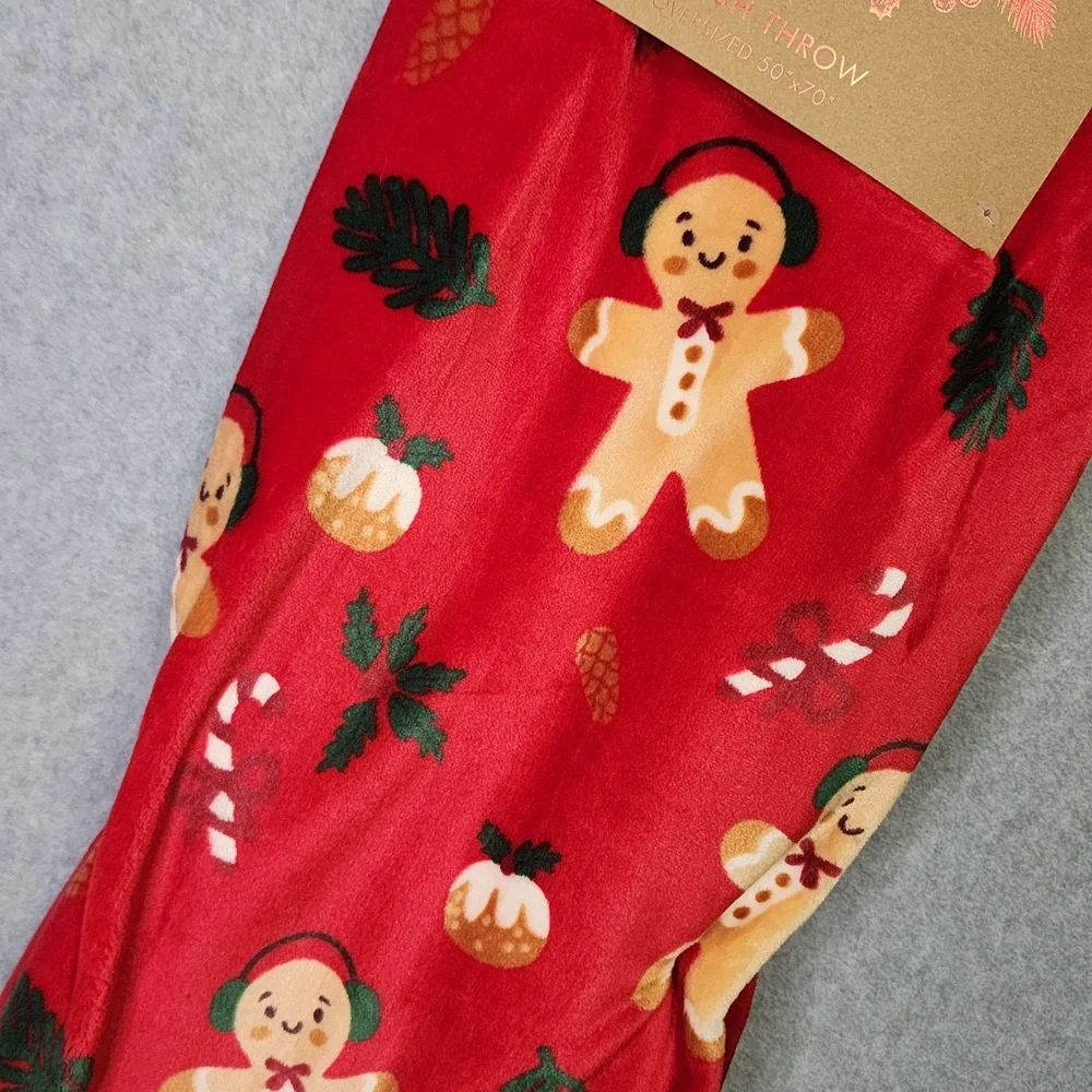 Christmas Gingerbread Man Throw Blanket Candy‎ Cane Red Artisan 50x70 Baking NEW